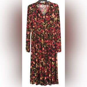 Anne Klein Dress Women’s 8 Red Black Green Floral A Line Elastic Waist V Neck